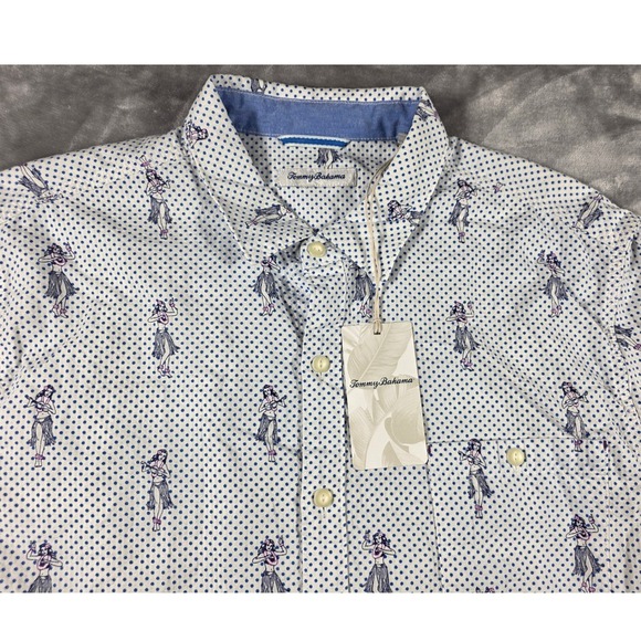 Tommy Bahama Other - Tommy Bahama Button Up Shirt Mens XL Blue/White Hula Girl Polka Dot Stretch